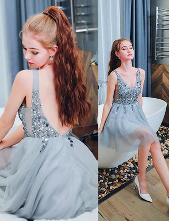 Bling A Line V Neck Light Blue Short Homecoming Dresses With Beading PDO42