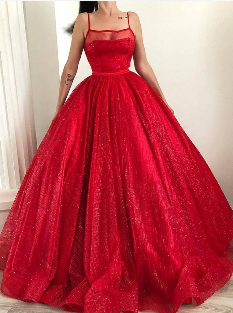 Ball Gown Sparkly Spaghetti Straps Square Red Evening Dresses Tulle Long Prom Dresses PD149