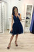 Dark Blue A Line V Neck Prom Dresses, Tulle Short Homecoming Dress PDJ21