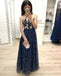 A Line Dark Blue Long Prom Dresses, Sequins Sleeveless Evening Dress PDJ19