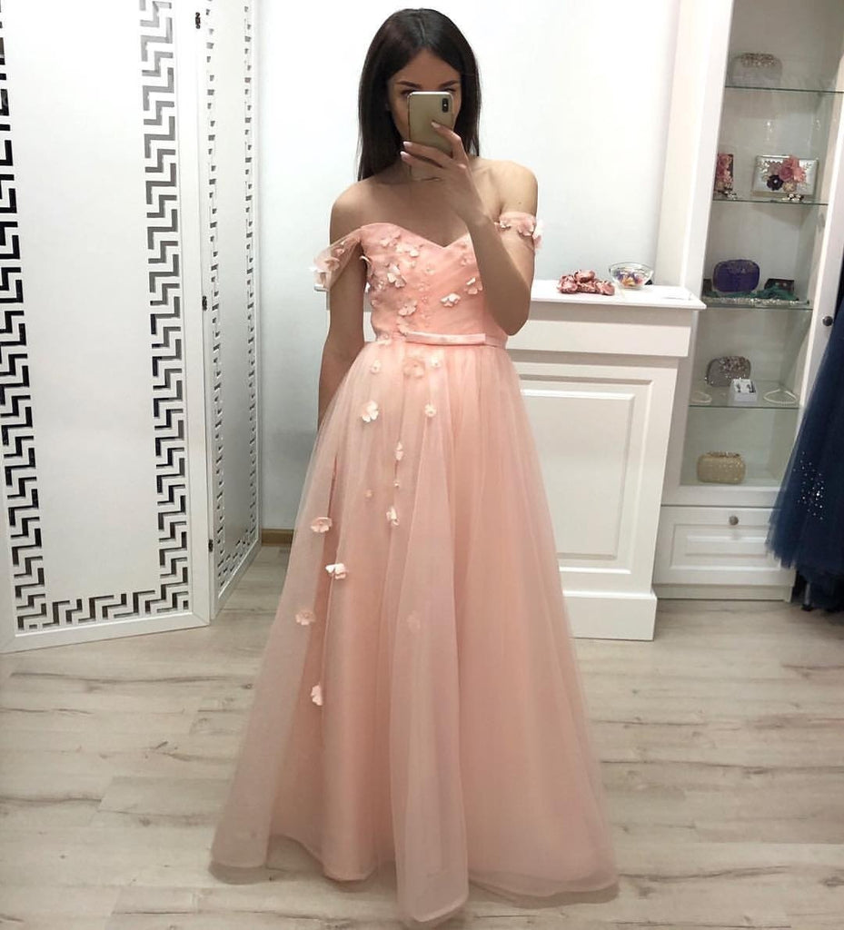 A Line Off the Shoulder Long Prom Dresses, Pleats Prom Gown With Flowers PDJ20