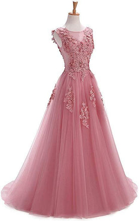 A Line Round Neck Lace Appliques Floor Length Prom Dresses PDR11