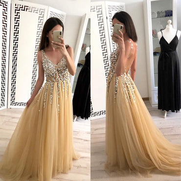 Charming A Line Tulle V Neck Floor Length Prom Dresses Beads Sequins PDJ24