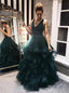 Elegant Dark Green V Neck Tulle Backless Prom Dresses, Long Evening Dresses TD63