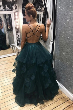 Dark green tulle backless prom dresses, long evening dress mg178