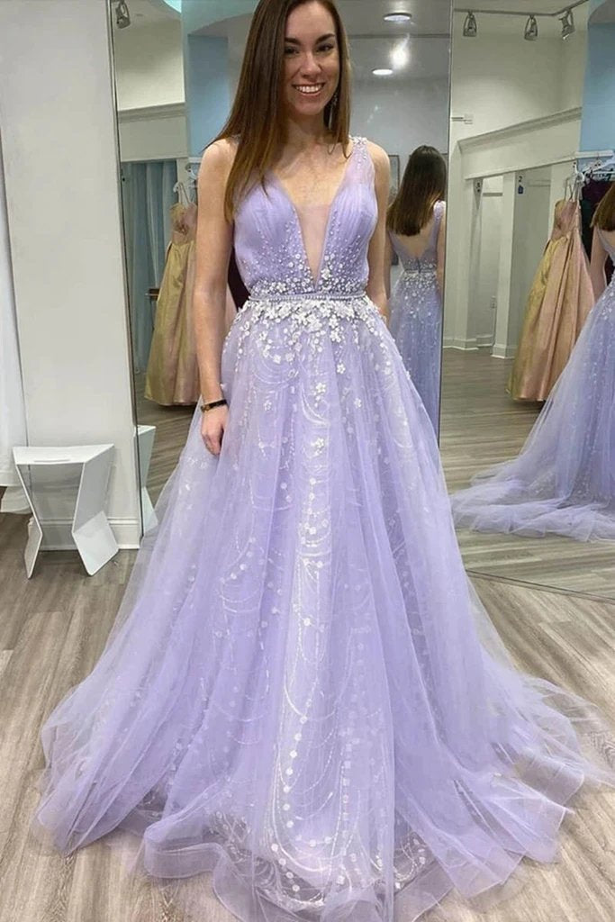 Unique A Line Tulle Lace Appliques Lilac Prom Dress, Long Cheap Formal Dresses TD13