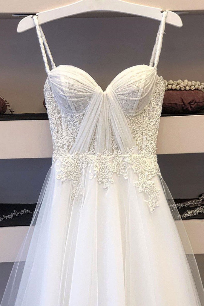 Chic A Line Ivory Spaghetti Straps Tulle Lace Appliques Long Prom Dress Evening Dress PD192