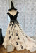 A Line V Neck Cap Sleeves Long Prom Dress With Black Lace Appliques PDS88