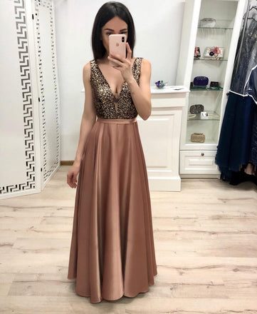 Sexy A Line Long V Neck Prom Dresses With Beads PDK57