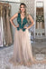 A Line Tulle V Neck Long Prom Dresses With Green Appliques PDP96
