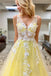 Princess v neck daffodil tulle long prom dresses with lace appliques mg157