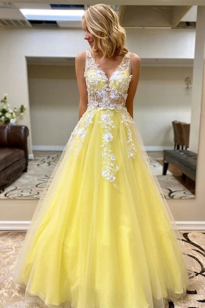 Elegant V Neck Daffodil Tulle Long Prom Dresses, Formal Dresses With Lace Appliques TD119