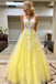 Elegant V Neck Daffodil Tulle Long Prom Dresses, Formal Dresses With Lace Appliques TD119