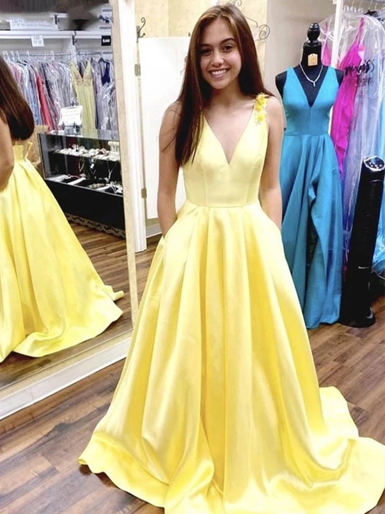A Line V Neck Yellow Pockets Prom Dress with Flowers, Formal Evening Dresses TD10