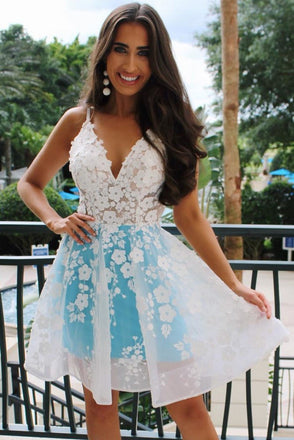A Line V Neck Floral Appliques Homecoming Dress, Short Prom Dresses PDQ9