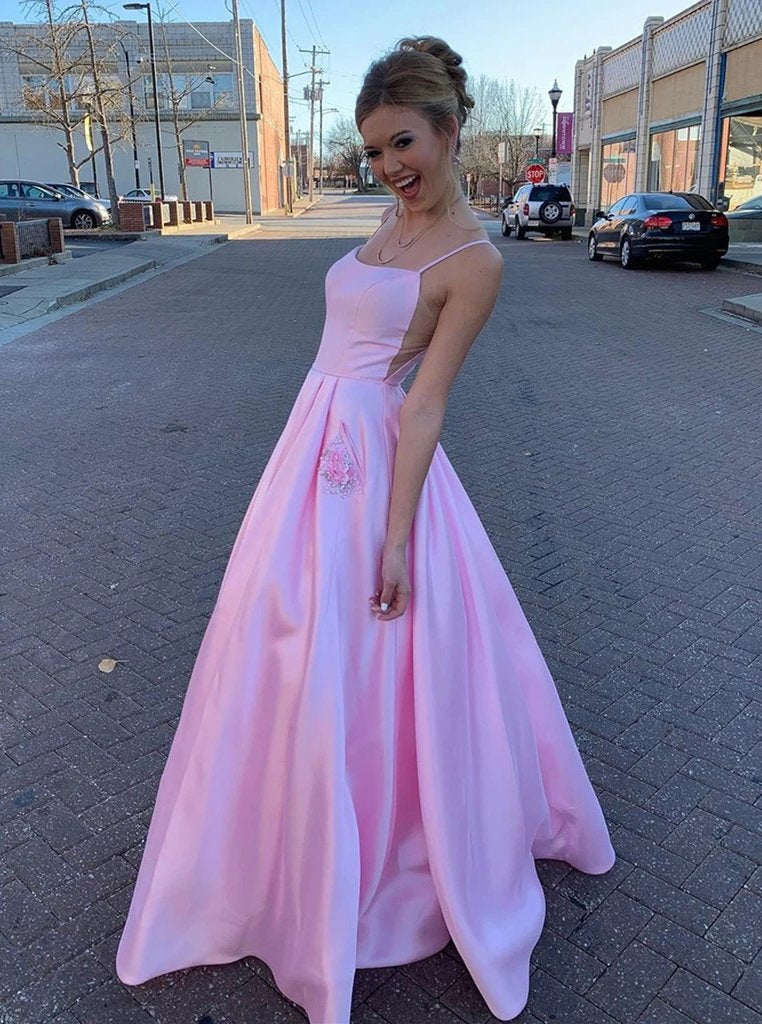 Satin pink prom dress with appliques pockets, long formal evening dresses mg14