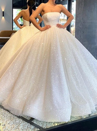 Sparkly Glitter Strapless Ball Gown Wedding Dresses Sequins Lace up Bridal Gowns WD12