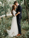 A-Line V-Neck Half Sleeves Backless Tulle Wedding Dresses with Lace Top PPD85