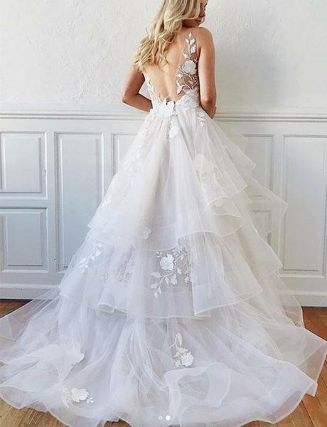 Romantic A-Line V Neck Tiered Appliques Tulle Long Wedding Dresses PPD87