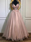 A-line V-neck Tulle Spaghetti Straps Prom Dresses, Pearl Pink Appliques Evening Dress TD41