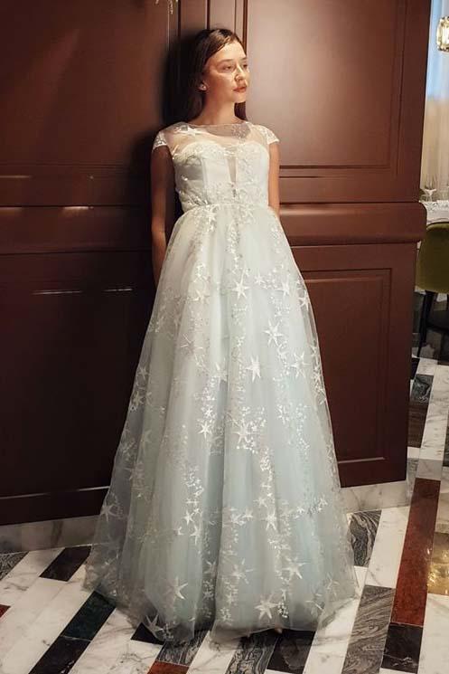Gorgeous A-line Blue Cap Sleeves Long Prom Dresses with Stars Tulle Evening Dresses TD28