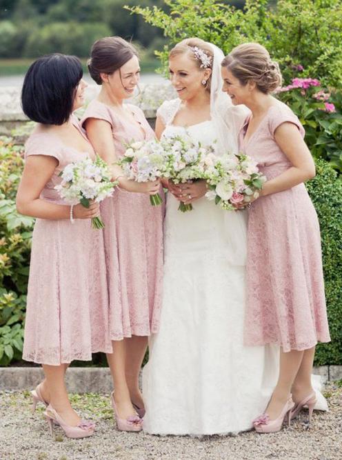 Charming Cap Sleeves V Neck Tea Length Prom Dresses Pink Lace Bridesmaid Dresses BD09