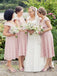 Charming Cap Sleeves V Neck Tea Length Prom Dresses Pink Lace Bridesmaid Dresses BD09