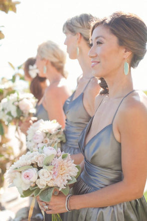 Elegant A Line Spaghetti Straps V Neck Satin Long Grey Ruffles Bridesmaid Dresses BD33