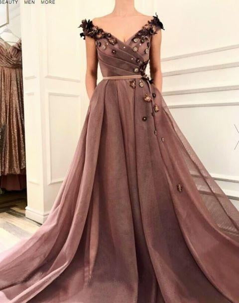 A Line V Neck Cap Sleeves Brown Long Flowers Prom Dresses With Pockets PDR10