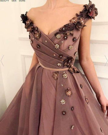 A Line V Neck Cap Sleeves Brown Long Flowers Prom Dresses With Pockets PDR10