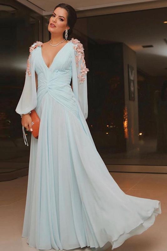 Elegant Light Blue Long Puffy Sleeves Evening Dresses Chiffon Prom Dresses with Appliques TD69