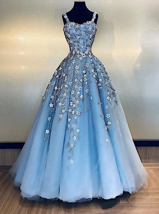 Light blue tulle applique long prom dress straps evening dress mg179