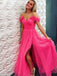 Off-shoulder tulle fuchsia prom dresses with split, long formal dresses mg271