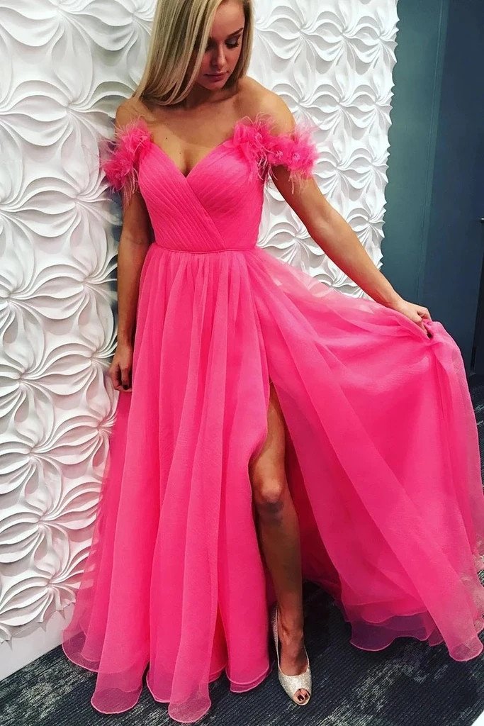 Simple Off the Shoulder Tulle Fuchsia Prom Dresses with Split, Long Formal Dresses TD112
