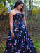 Unique A Line Sweetheart Embroidery Blue Floral Prom Dresses, Long Formal Dresses TD04