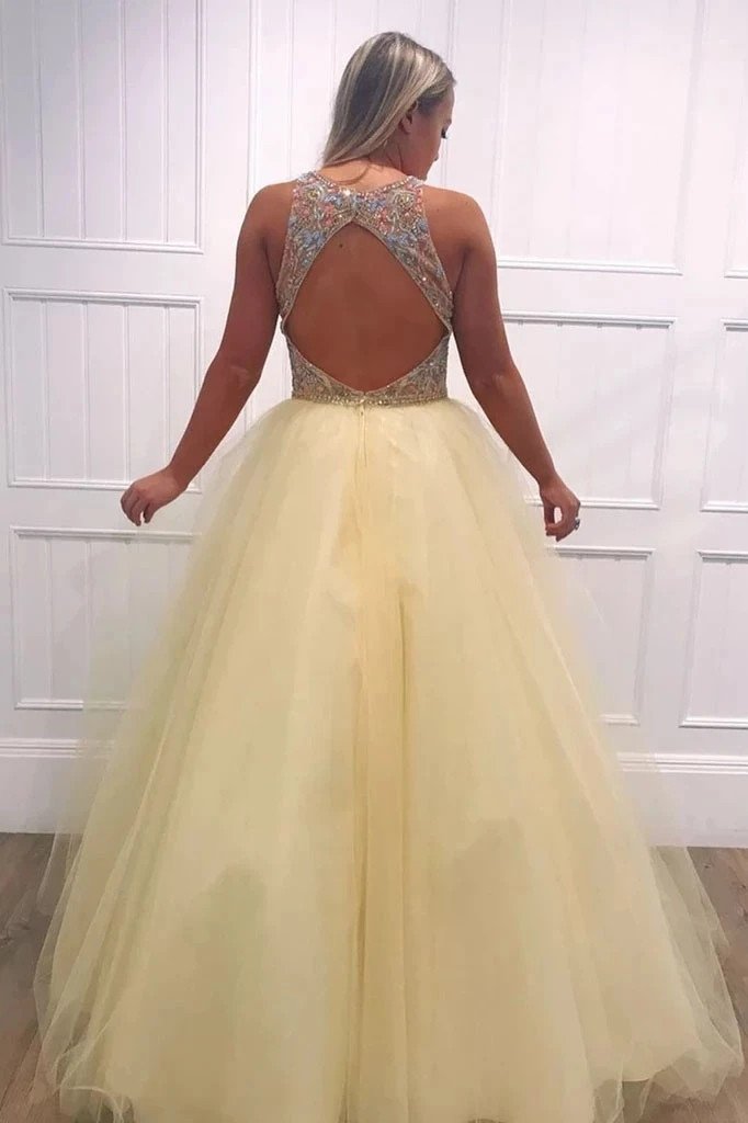 Charming A-line Tulle Beading V Neck Long Prom Dresses Open Back Evening Dresses TD29