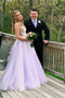 Elegant A Line V Neck Lilac Tulle Long Prom Dresses, V Neck Appliques Formal Gowns TD08