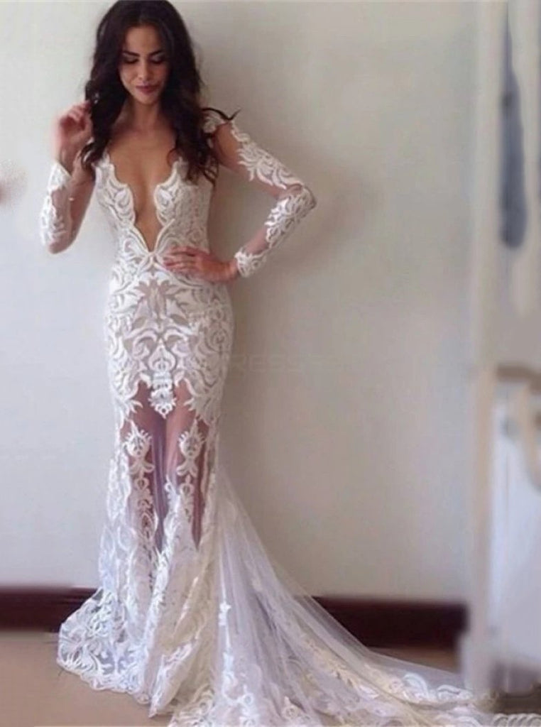Sexy V Neck Lace Appliques Wedding Dresses Long Sleeve Mermaid Wedding Gown WD25