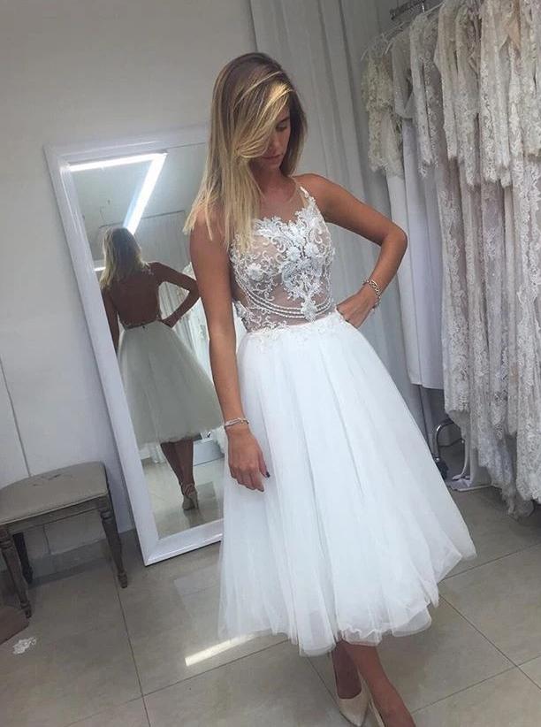 A-line Ivory Spaghetti Straps Short Prom Dresses Lace Applique Homecoming Dresses HD01