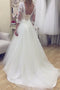 Elegant Ivory V Neck Lace Appliques 3/4 Sleeves Open Back Tulle Boho Wedding Dresses WD35