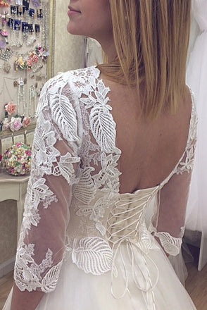 V neck lace appliques 3/4 sleeve open back wedding dresses mg679