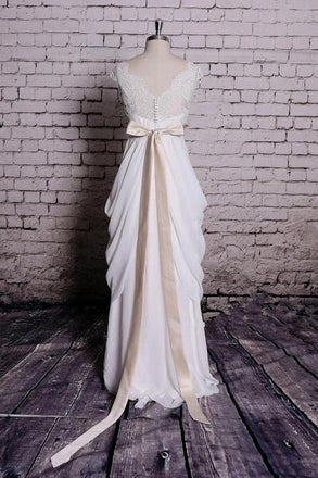 Charming A Line V Neck Cap Sleeve Lace Chiffon Wedding Dresses With Ribbons, Bridal Dress WD22