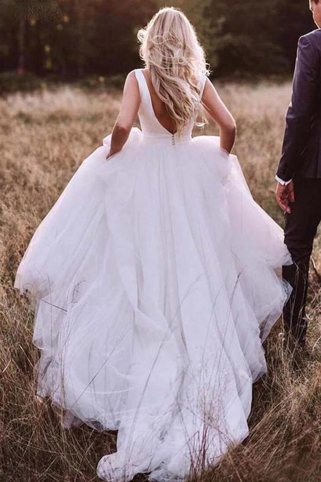 Elegant round neck v-back tulle ivory wedding dresses with bowknot mg665