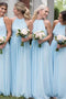 Cheap A Line Chiffon High Neck Sky Blue Simple Long Bridesmaid Dresses BD11