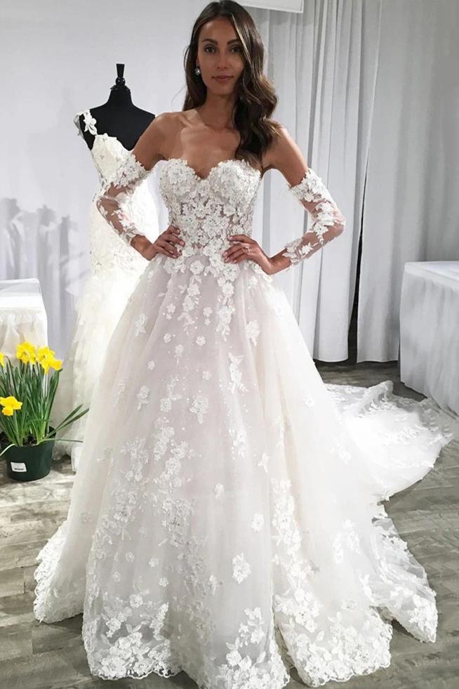 Elegant A Line Sweetheart Strapless Ivory Lace Appliques Backless Wedding Dresses WD28