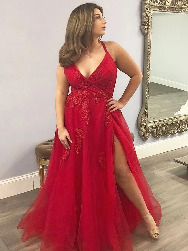 A line Spaghetti Straps V Neck Red Tulle Prom Dresses, Long Plus Size Formal Dresses PD181