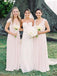 Elegant A line Cap Sleeves V Neck Chiffon Long Pearl Pink Bridesmaid Dresses BD10