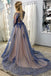 Charming A-Line Long Sleeves Navy Blue Lace up Long Prom Dresses with Appliques TD22