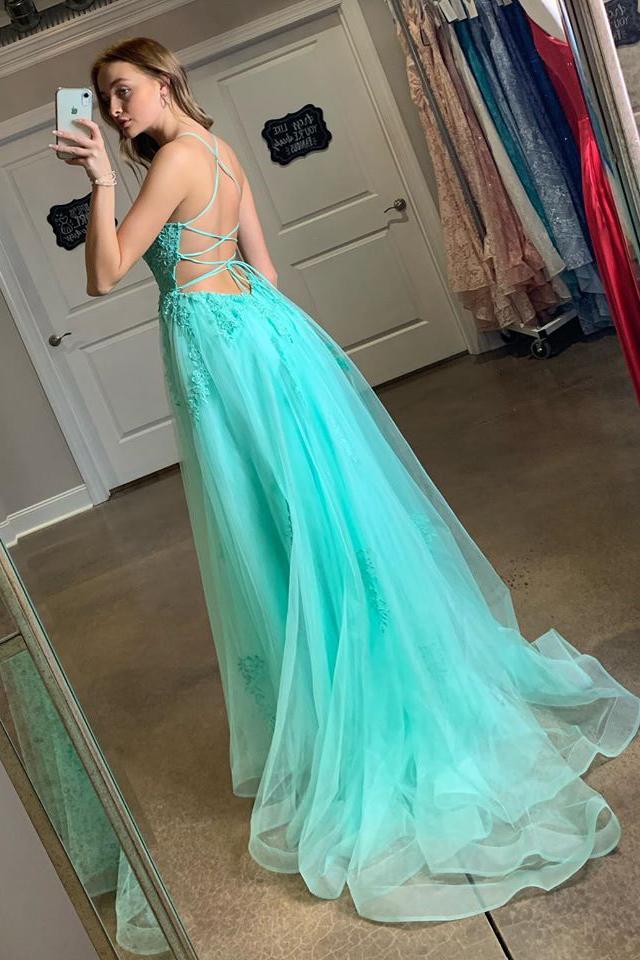 Turquoise spaghetti straps split evening dress appliqued backless long prom dress mg111