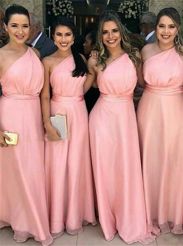 Simple One Shoulder Pink Chiffon Long Tulle Bridesmaid Dresses, Wedding Party Dress BD30